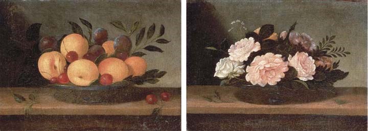 Peaches, cherries and plums in a glass platter on a wooden ledge; and Peonies, roses and daisies in a glass bowl on a wooden ledge