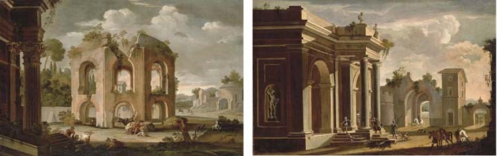 A capriccio of classical ruins with herdsmen resting near the Temple of Minerva Medica; and A capriccio of a palace portico in the Doric order with huntsmen