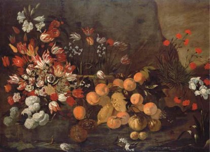 Oranges and lemons with tulips, chrysanthemums, lilies, peonies and other flowers in a vase, in a landscape with carnations and an orchid