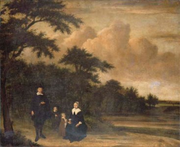 A group portrait of a gentleman and a lady with their children in an extensive wooded landscape