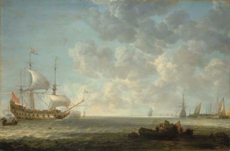 A coastal landscape with Dutch frigates exchanging salutes offshore in a light breeze, by a pier with a frigate, a haring buis and other vessels, fishermen loading their catch in the foreground