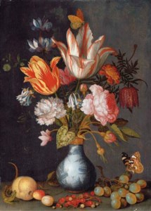 Tulips, a rose, a carnation, cyclamen, snake's head fritillary, double columbine, rosebuds and marigolds in a blue and white gilt-mounted porcelain vase, with a Painted Lady butterfly, a lizard, grapes, cherries, plums and redcurrants on a ledge