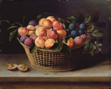 Peaches and plums in a basket with a halved plum on a wooden ledge