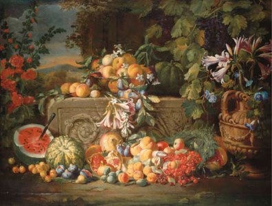 A watermelon, cherries, peaches, apricots, plums, pomegranate and figs with lilies, roses, morning glory and other flowers on an acanthus stone relief, a mountainous landscape beyond