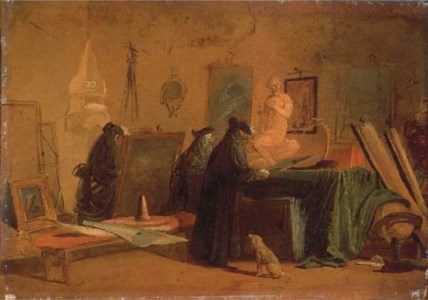Connoisseurs in carnival costume in an interior with pictures and objects of art and science