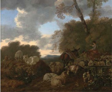 An Italianate landscape with a herdsman with his flock and donkey and a woman on a horse