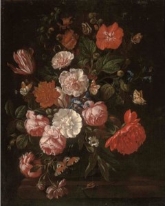 Roses, carnations, morning glory and a tulip in a glass vase on a wooden ledge with butterflies and a snail