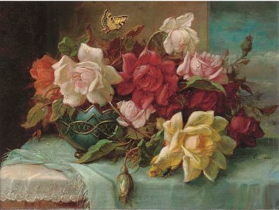 Roses in an ornamental vase by a casement