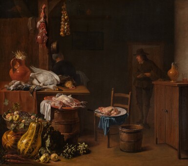 Kitchen Interior with a Maid Preparing Fruits, Vegetables, and Poultry