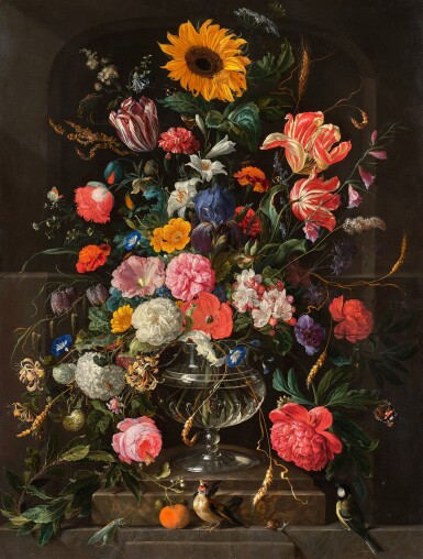 Jan Davidsz. de Heem, Still Life of Roses, Tulips, Lilies, Poppies, Honeysuckle, a Sunflower, an Iris, and Other Flowers in a Glass Vase with Two Birds, a Grasshopper, and a Snail