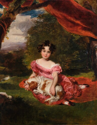 SIR THOMAS LAWRENCE, P.R.A., Portrait of Miss Julia Beatrice Peel (1821-1893), Daughter of Prime Minister Sir Robert Peel, with a Spaniel