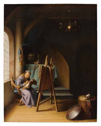 Gerrit Dou, Man Writing by an Easel in an Artist's Studio