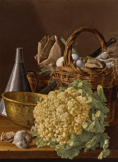 Luis Meléndez, Still Life with a Cauliflower, a Basket with Eggs, Leeks, and Fish, and Assorted Kitchen Utensils