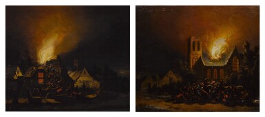 Nocturnal village fire scenes, a pair