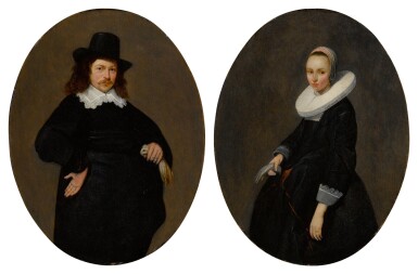 Portraits of a gentleman and a lady, three-quarter-length, each holding a glove, he in a black jacket and a black hat, she in a black dress with a white ruff collar and a head-dress 