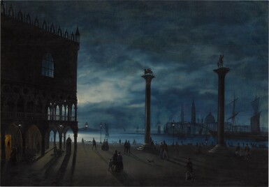 Venezia, veduta notturna con la Piazzetta San Marco e il Molo, con vista sull'Isola di San Giorgio