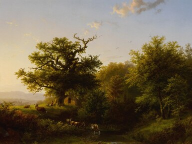 A Wooded Landscape with Grazing Cattle Near a Stream