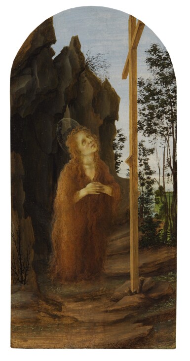 Penitent Mary Magdalene adoring the True Cross in a rocky landscape