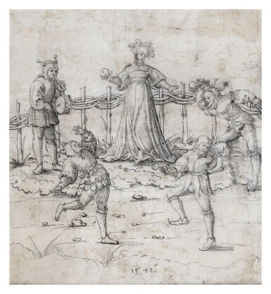 Jesters performing around a woman