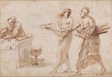 A muse presenting Simonelli to Archimedes, seated at a table
