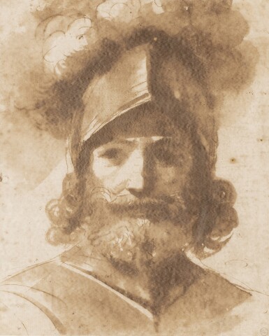 A study of a bearded man wearing armour and a plumed helmet, possibly for Mars or Argantes 
