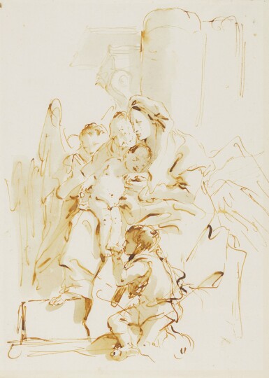 The Holy Family with Saint John the Baptist, kneeling and kissing the Christ's Child foot