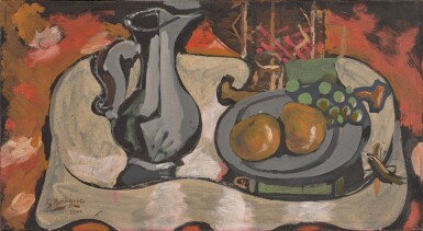 Pot d’étain et assiette de fruits
