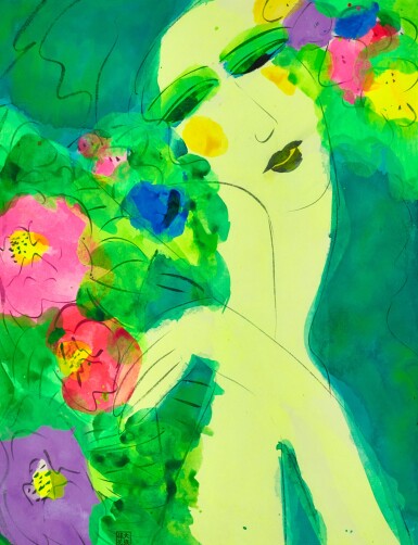 Walasse Ting 丁雄泉 | Lady with flowers 女子與花朵