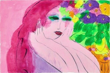 Walasse Ting 丁雄泉 | Pink lady with flowers 粉紅女郎與花