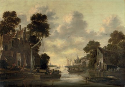 A river landscape with fishermen and their boats by a village