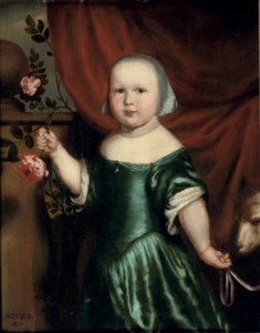 Portrait of a girl, three-quarter-length, in a green dress, holding a rose