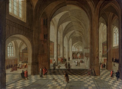 An interior of a Gothic church with elegant figures conversing