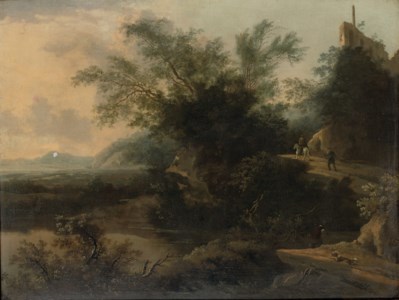 A wooded rocky landscape with travellers