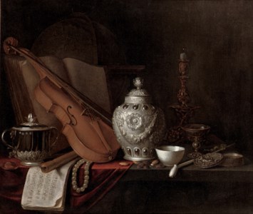 A silver ginger jar, a violin, a silver porringer, a globe, a pearl necklace, a gilt candlestick, a porcelain bowl, a pipe, a silver box, music sheet and almonds, all on a partly draped table