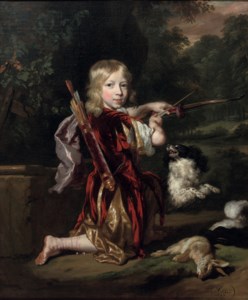 Portrait of a boy, full-length, in a classial style costume, drawing a bow