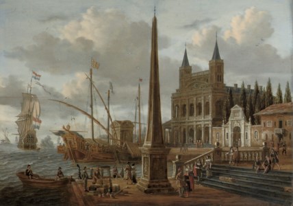 A meditteranean harbour scene with the facade of the Basilica di San Giovanni in Laterano