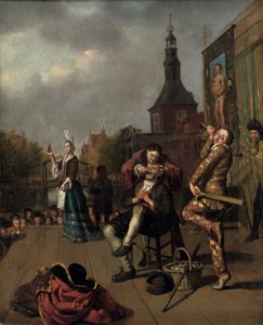 A quack doctor with a 'comedia dell' arte' figure