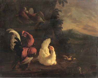 A cockerel and chickens in a landscape