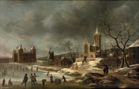 A winter landscape with activities on the ice near Castle Buren, in Gelderland