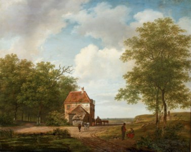 A farmhouse in summer with several figures