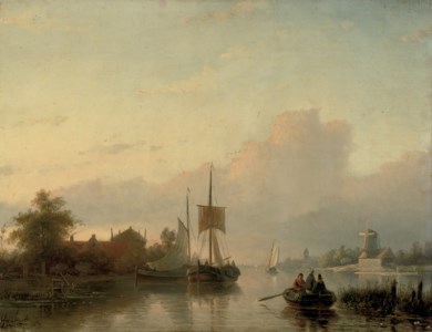 A summer landscape with sailing vessels and a rowing boat