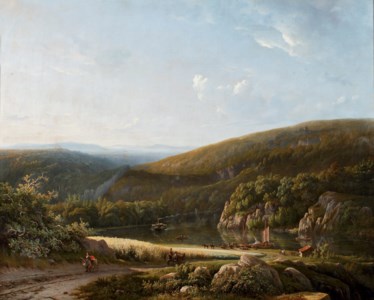 Moored vessels in a panoramic riverlandscape