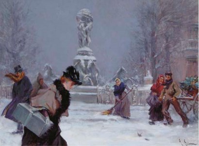 A snow covered square with figures