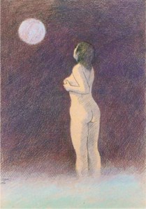 Naked woman staring at the moon