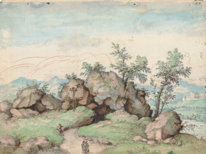 Travellers approaching a rock formation, a mountainous river landscape beyond