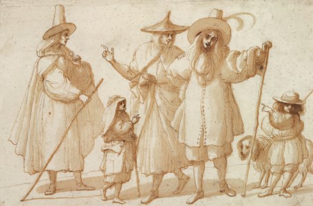 A group of elegantly dressed figures with two children and a dog