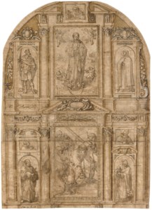 Design for an elaborate altarpiece with a central panel of The Way to Calvary with Saint Veronica, flanked by panels of Saint Peter and Saint Anthony Abbot and two half-length bishop saints, surmounted by a panel of the Immaculate Conception, surrounded by panels possibly of Saints Clare and Ferdinand of Seville, God the Father above