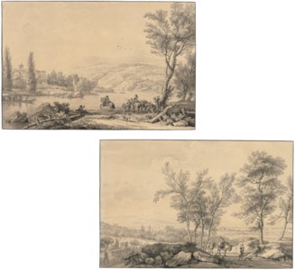 An Italianate river landscape with horsemen in the foreground; and An Italianate landscape with travellers and donkeys on a hilly road
