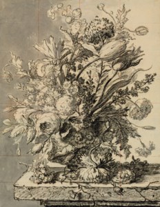 A bouquet of flowers in a terracotta vase resting on a ledge
