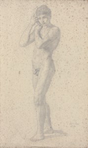 A young male nude listening to the sound of the sea from a conch shell